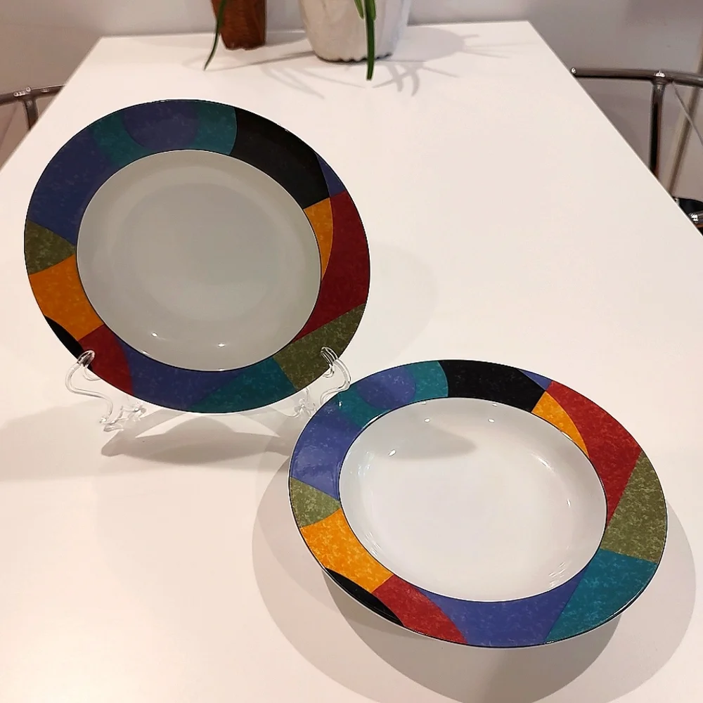 Mikasa Currents Rim Soup Bowls Set of Two Porcelain Red Yellow Blue Blac…